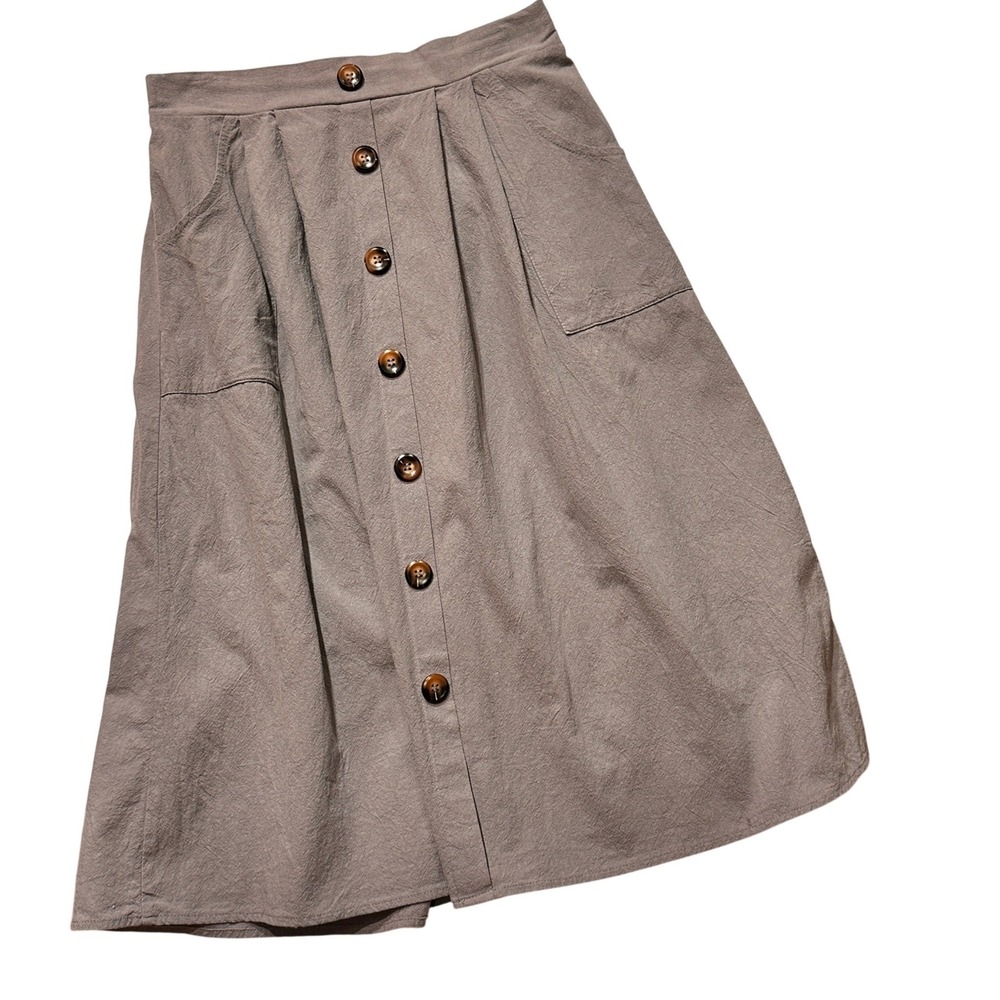 Naggoo Midi Skirt Womens Size Medium Taupe Button Front Cottagecore Lagenlook